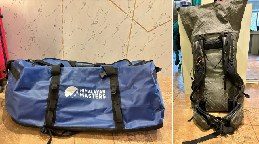 Duffel bag for the trek on the left and trekking bag for the trek on the right