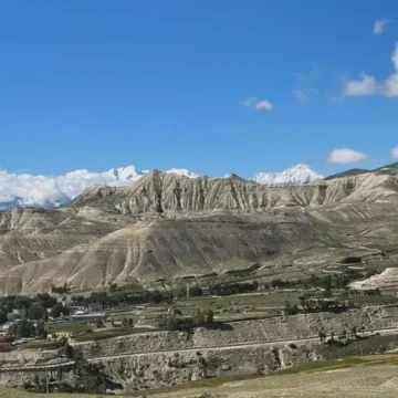 Lo Manthang Village with Mustang desert like mountain in the background