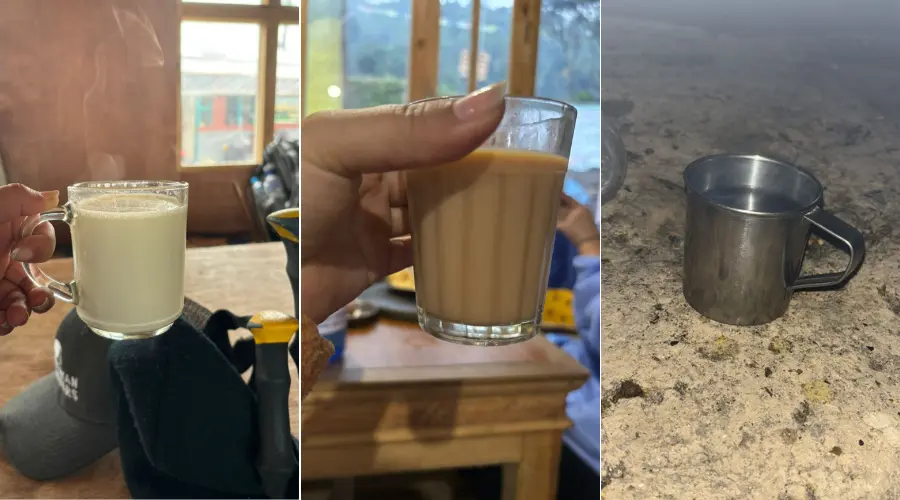 Yak milk (left), tea (middle) and hot water (right) during the trek