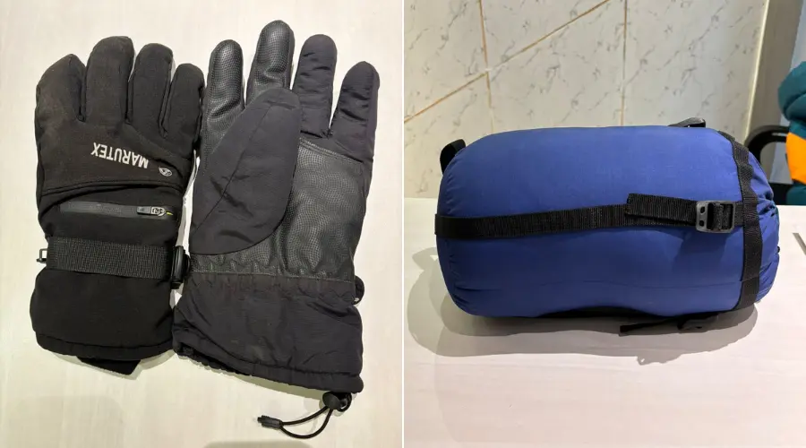 Outer gloves on the left and -15°C graded sleeping bag on the right