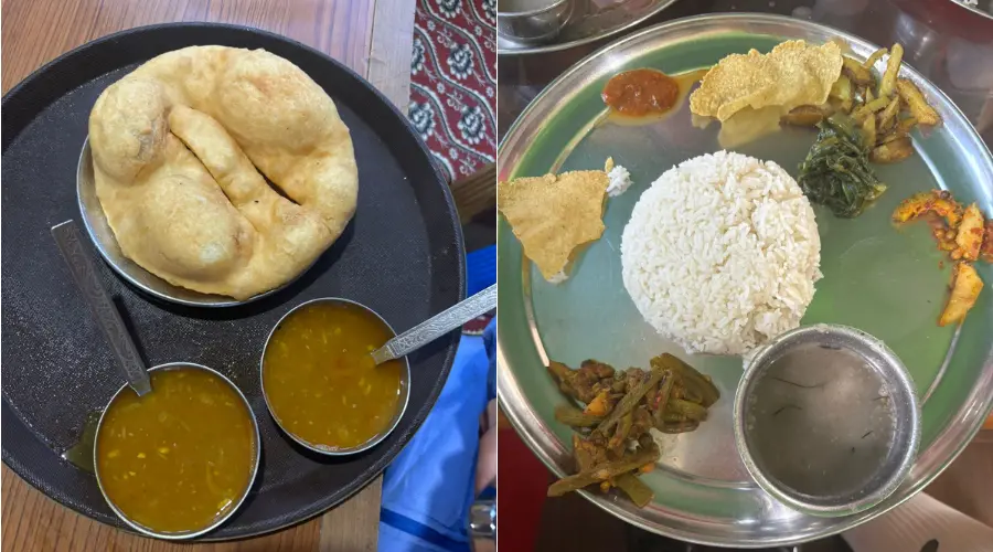 Tibetan break for breakfast (left) and traditional Dal Bhat set (right) found during the trek