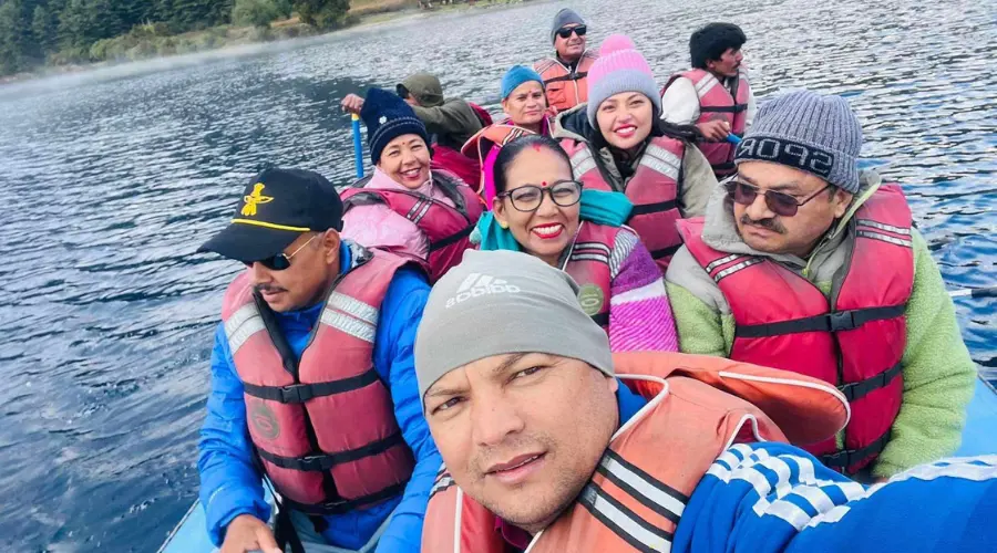 A family doing boating in Rara Lake