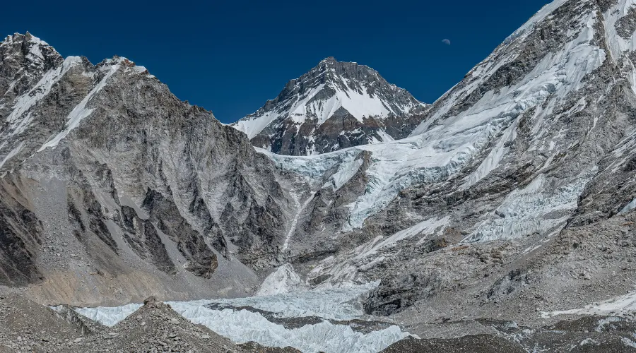 A view of Khumbu Glacier with the view of Tibetan mountain at the elevation of EBC