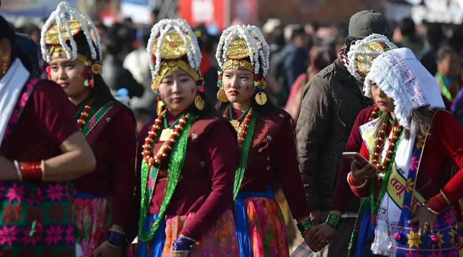 Gurung women performing the Ghatu Dance during the Losar festival