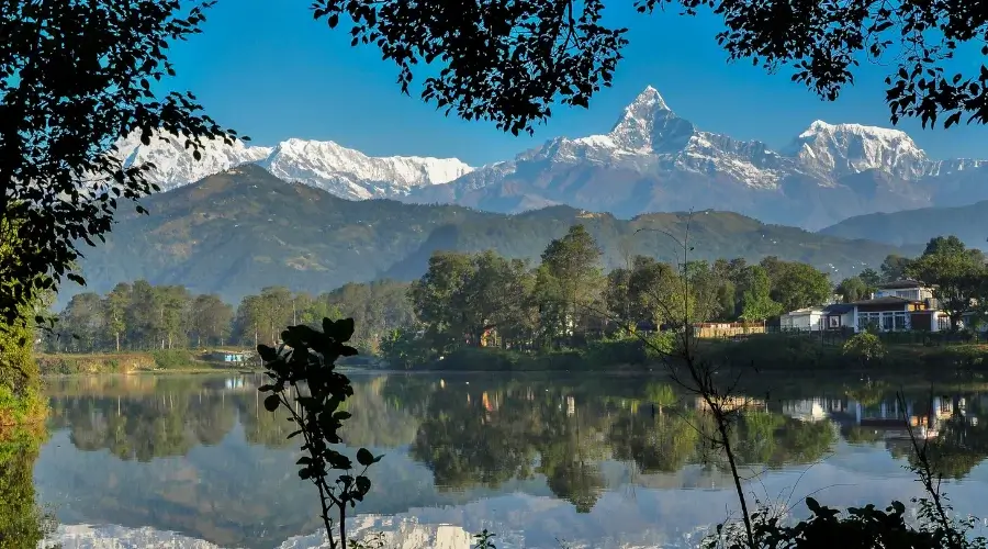 View of Mt Machhapuchhare seen from lake