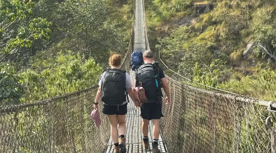 Trekkers Crossing suspension bridge en route Manaslu Trek