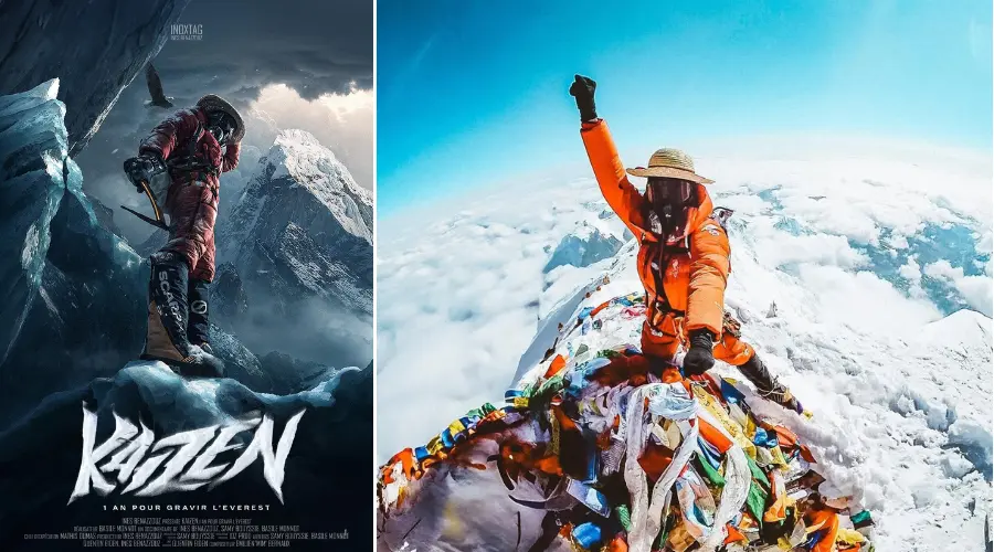 Kaizen movie poster (left) and Inoxtag in iconic straw hat on top of Everest