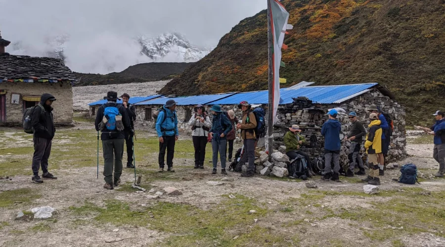 Trekkers resting at Pungyen Gompa