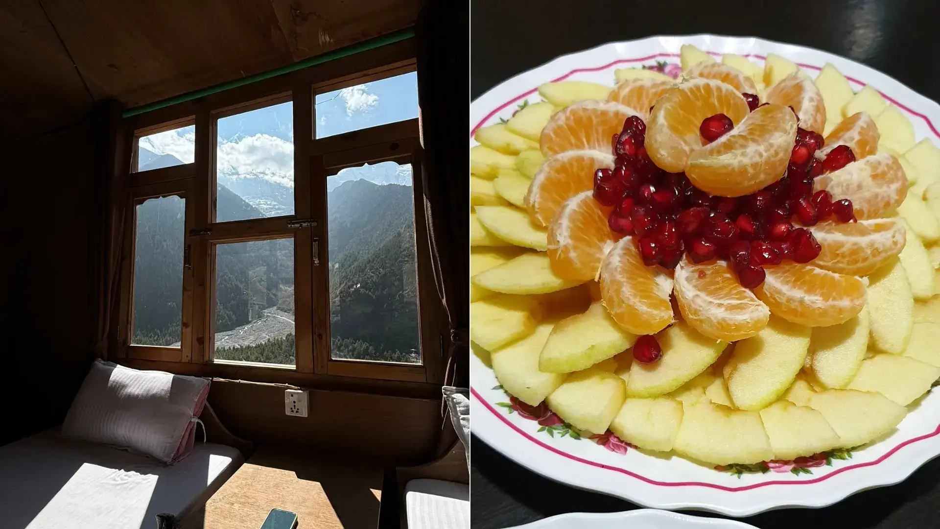 A beautiful view seen from the window of the teahouse (left) and seasonal fruits served in the teahouse (right)