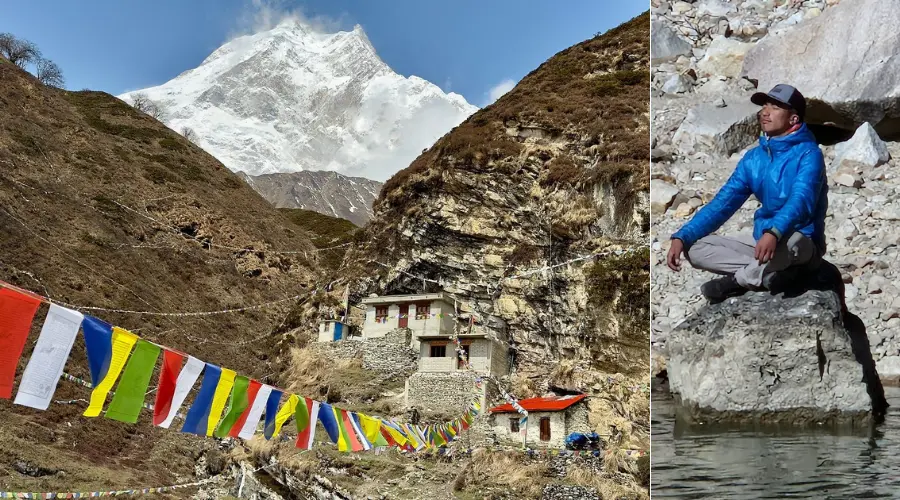 A meditation retreat near Pungyen Gompa (left) and a trekker meditating (right)