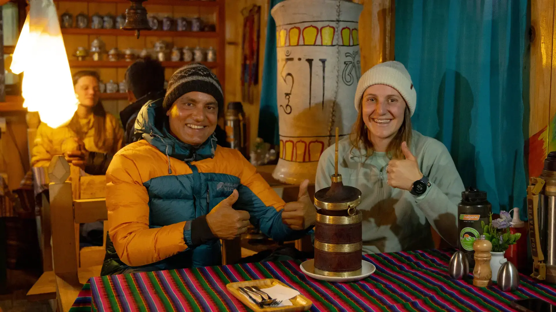 Guide Kanchan from Himalayan Masters with one of our trekkers in the Annapurna Circuit teahouses