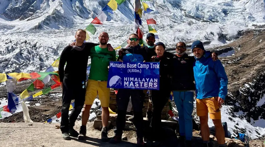 Himalayan Masters' team with trekkers at Manaslu Base Camp