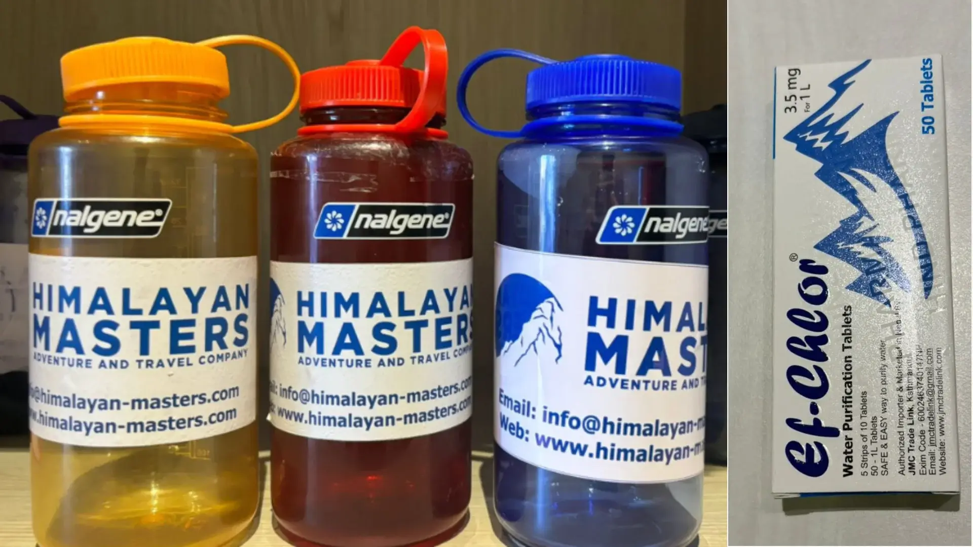 Water bottle and water purification tablets provided by Himalayan Masters