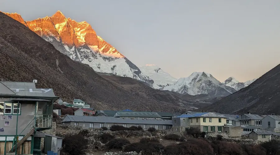 A beautiful sunrise view on Mount Lhotse seen from Dingboche