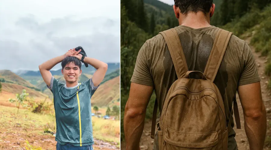 A hiker tired and in sweat