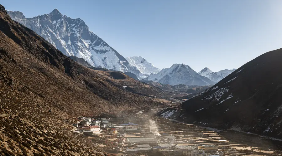 A scenic view of Dingboche and Lhotse in the backdrop