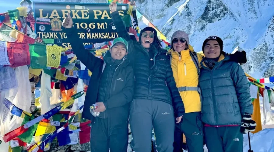 Group trekkers enjoying at highest point of Manaslu Circuit