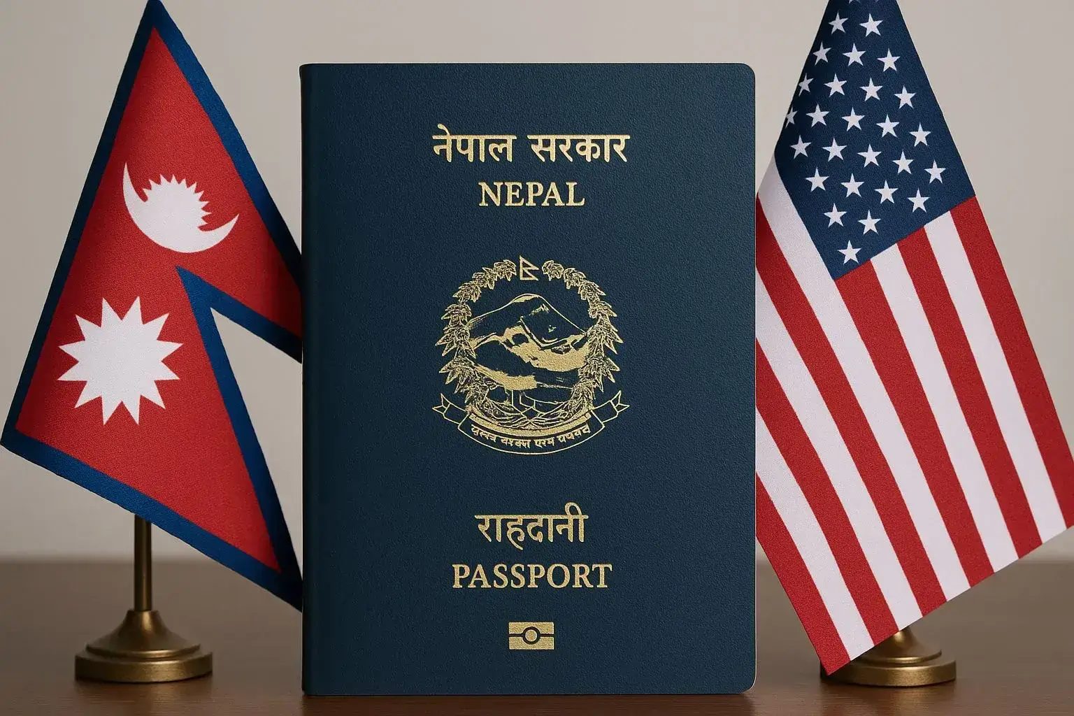 Nepalese passport with Nepal (left) and U.S. (right) flags on each side
