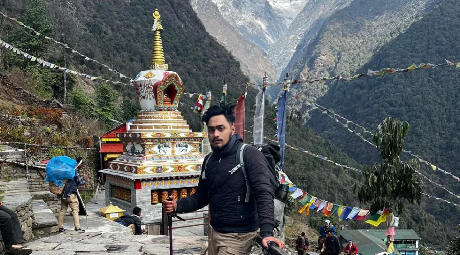 A Trekker Respectfully Posing in front of Chorten