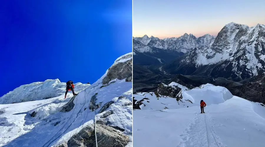 A mountaineer descending down (left) and ascending (right) using a rope and a harness