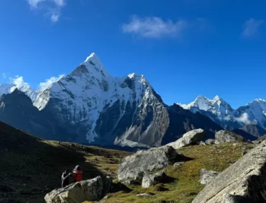 Clear view of Ama Dablam, Khangteka and Thamserku seen due to clear Three Passes Trek weather