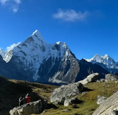 Clear view of Ama Dablam, Khangteka and Thamserku seen due to clear Three Passes Trek weather