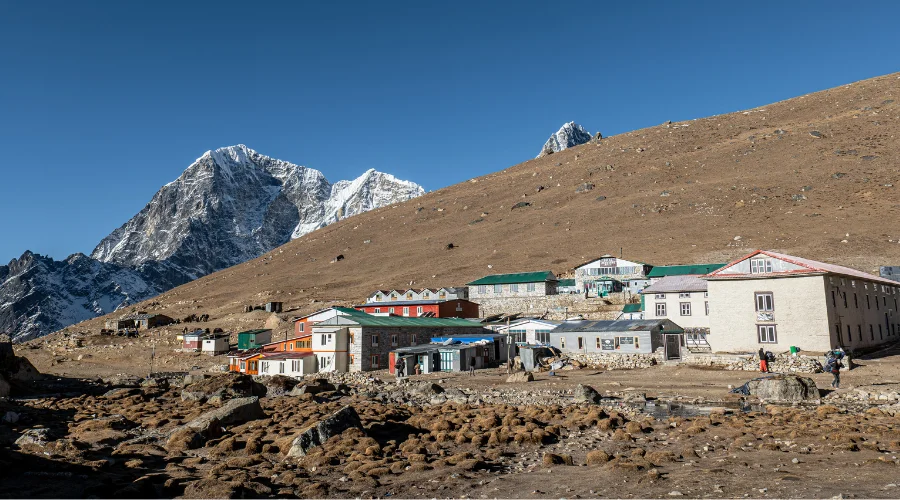 Majestic view of mountains and teahouses seen from Lobuche