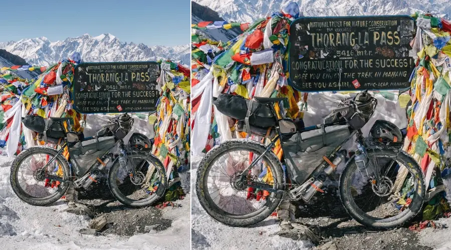Mountain bike at Thorong La Pass - Annapurna Circuit Cycling