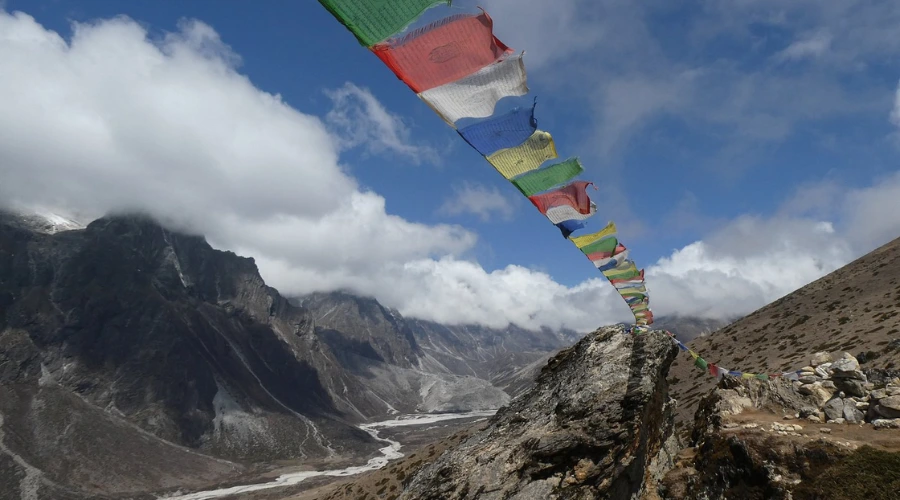 Prayer flag fluttering seen on the way to Nagarjuna Hill