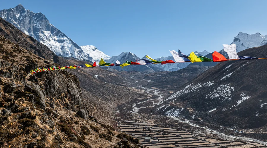 Prayer flags fluttering en route Everest Trek