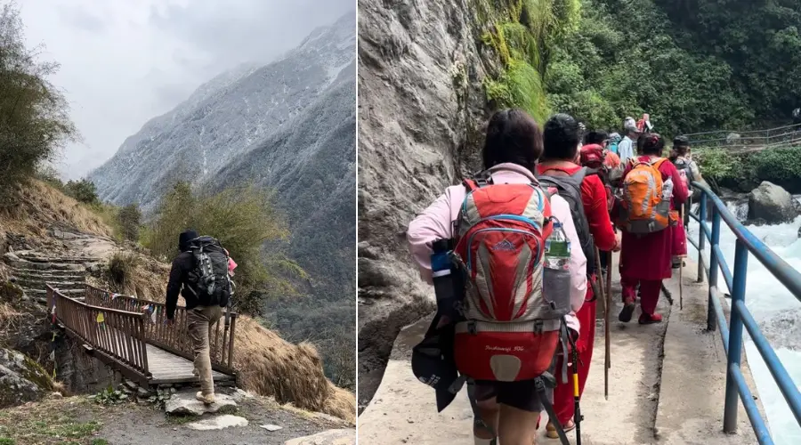 Trekkers crossing the river on the trek