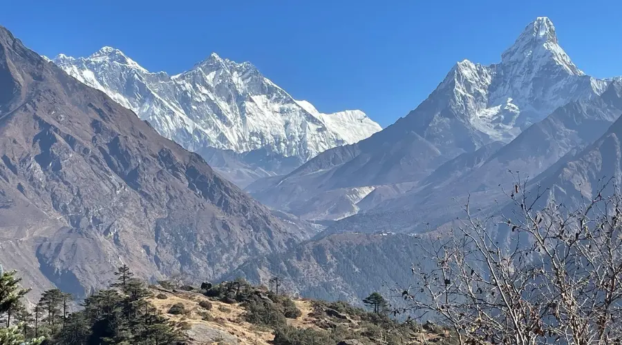 View of Everest, Lhotse, and Ama Dablam seen from the Hotel Everest View